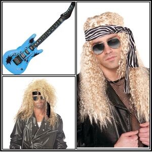 Hard Rocker Wig 80's Rock Star With Inflatable Guitar Accessory